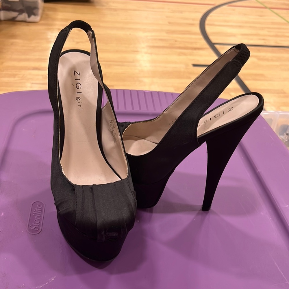 Black satin fabric heels
